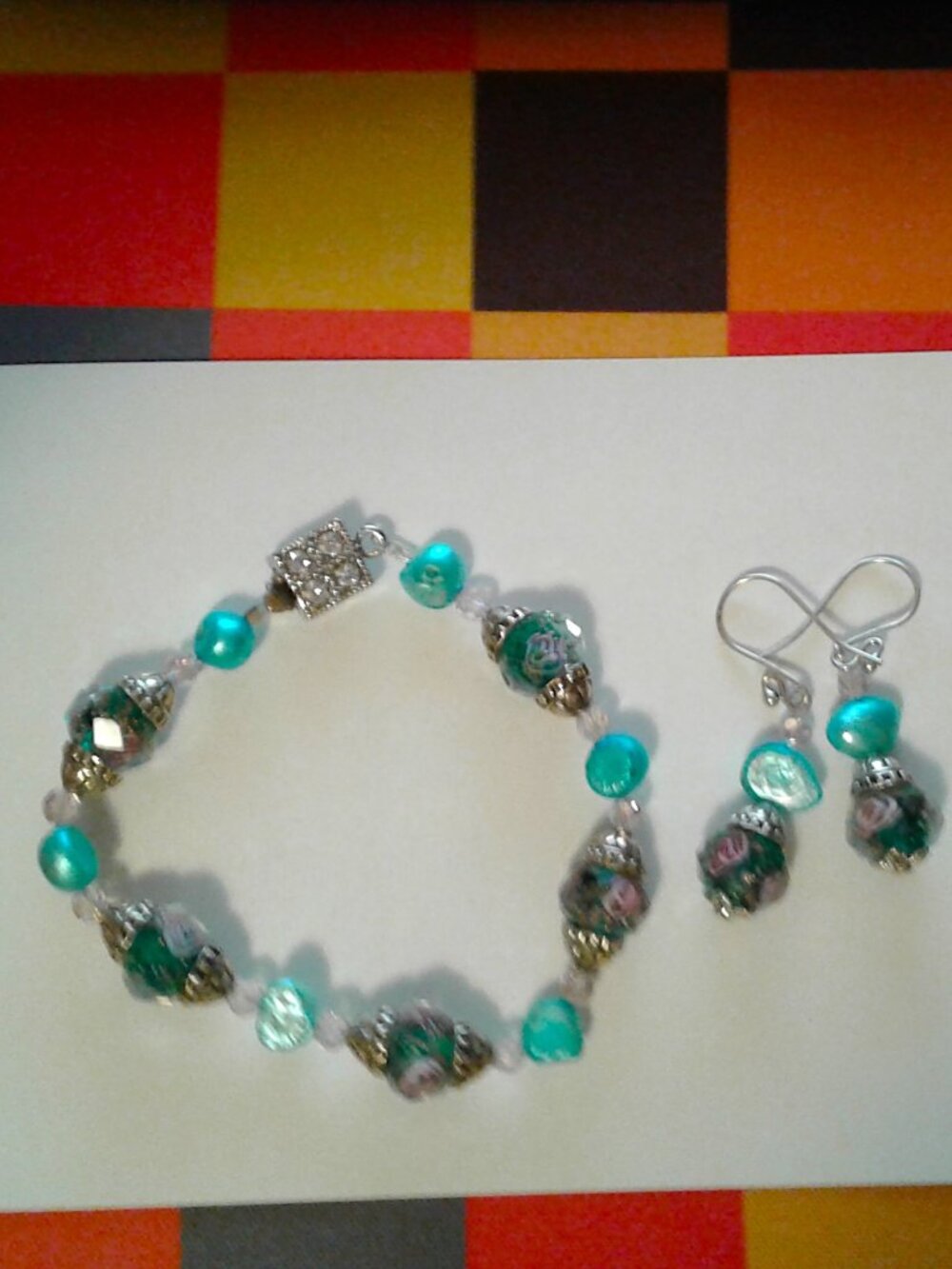 Pink Rose Aqua Venetian Glass Bracelet & Matching Dangle Earrings Set NEW